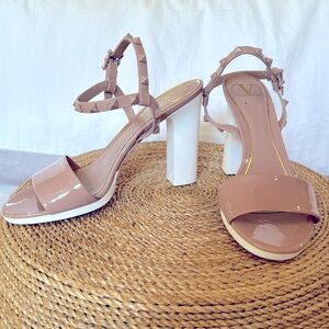 Valentino, Nude, patent leather block sandals.